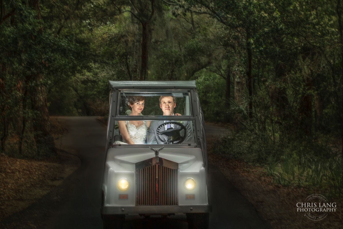 image of bride & groom in rolls royce golf cart - wedding day - 