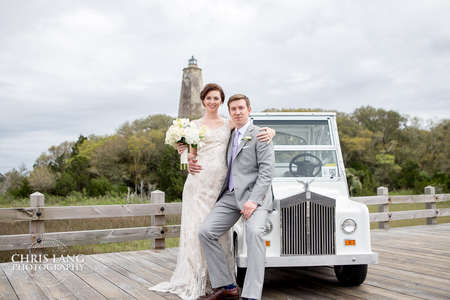 Bride and groom with rolls royce golf car - Bald Head Island  - Wedding Photographers