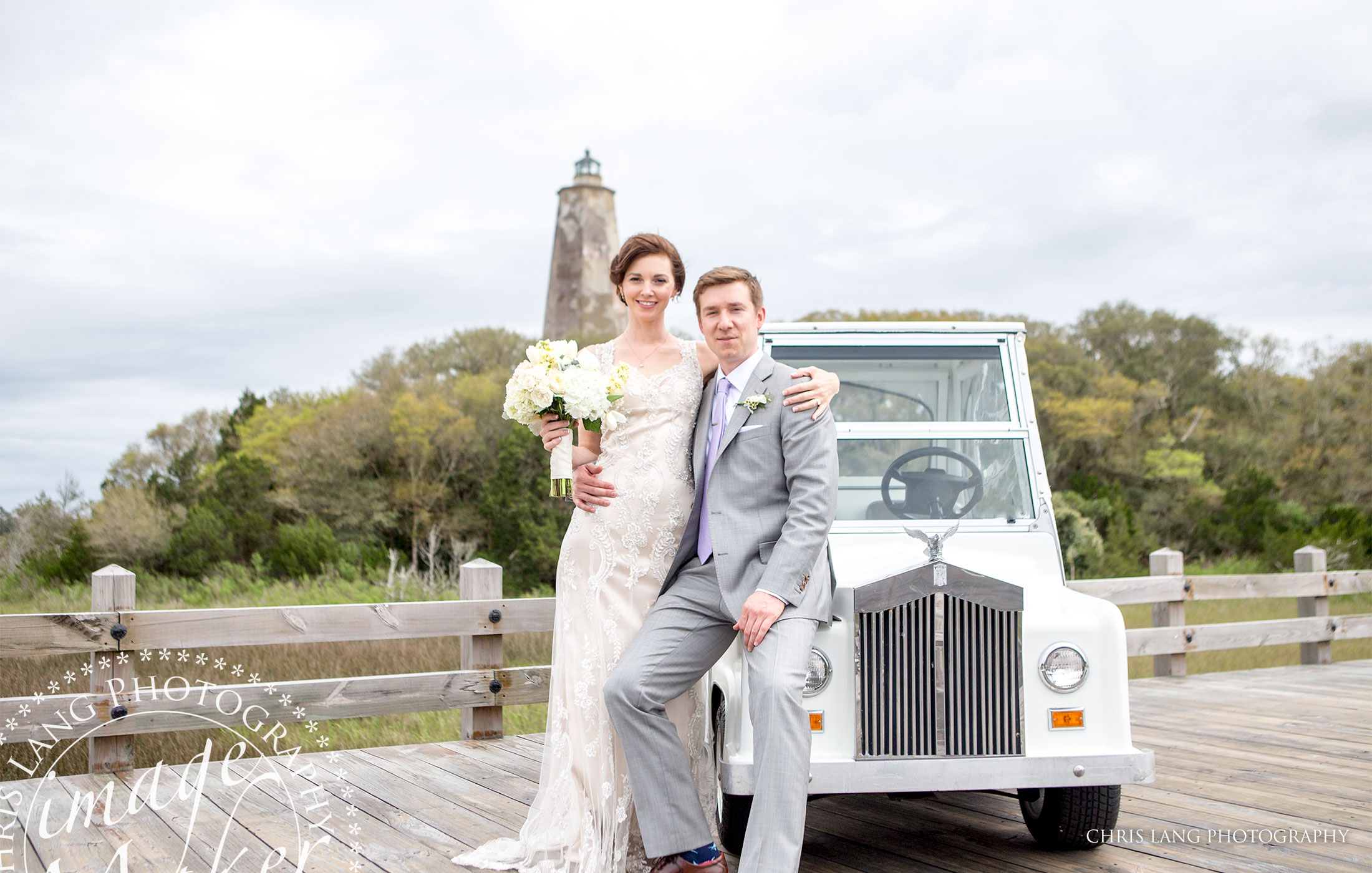 Bald Head Island NC Wedding Photographers - Wedding Photo - Bride & Groom picture in front of Old Baldy Lighthouse - Wedding Bouquet - Chris Lang Photography -  Destination Wedding - Bald Head Island Wedding Venue 