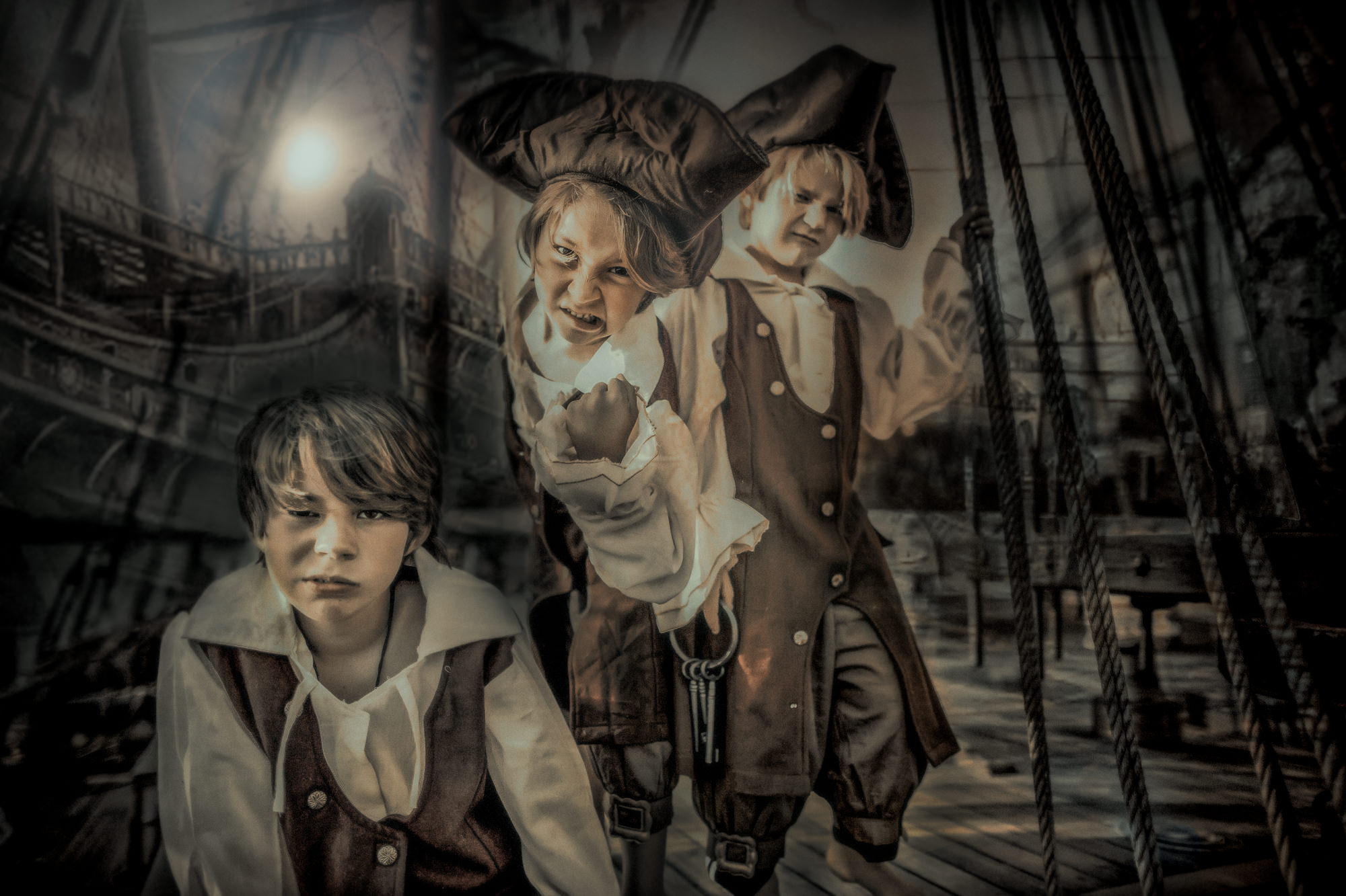 Wilmington NC Photographer - Creative Photography - Photo of 3 boys dressed  up as pirates -  Styled Photo Session -  Wilmingotn NC Photography Studio - Chris Lang Photography 